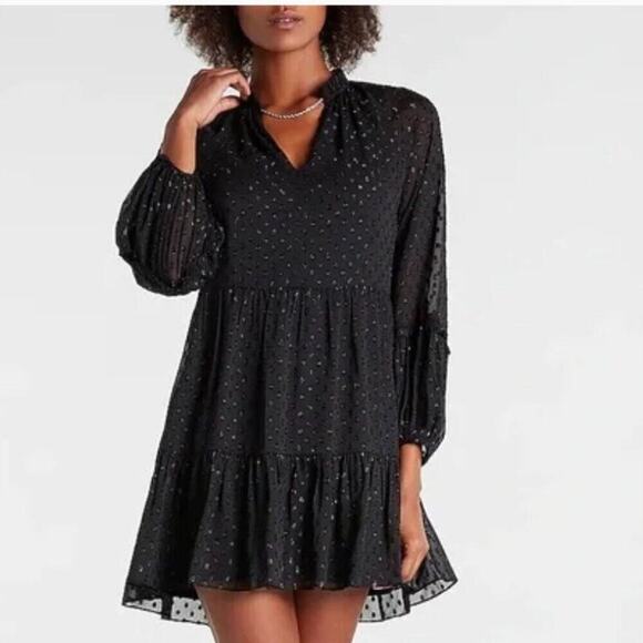 Abercrombie & Fitch Dresses & Skirts - Express Textured Clip Dot Tiered Trapeze Dress XS Office Siren Boardroom Chic